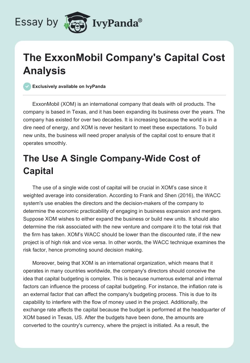 The ExxonMobil Company's Capital Cost Analysis. Page 1