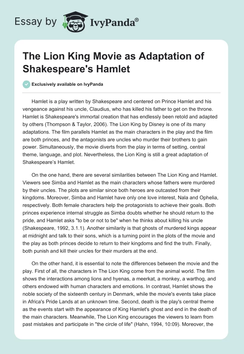 "The Lion King" Movie as Adaptation of Shakespeare's "Hamlet". Page 1