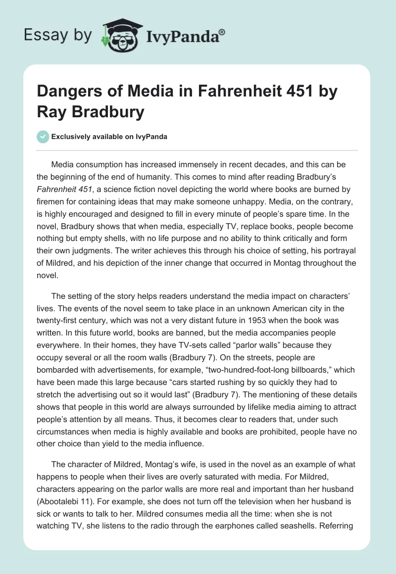 Dangers of Media in "Fahrenheit 451" by Ray Bradbury. Page 1