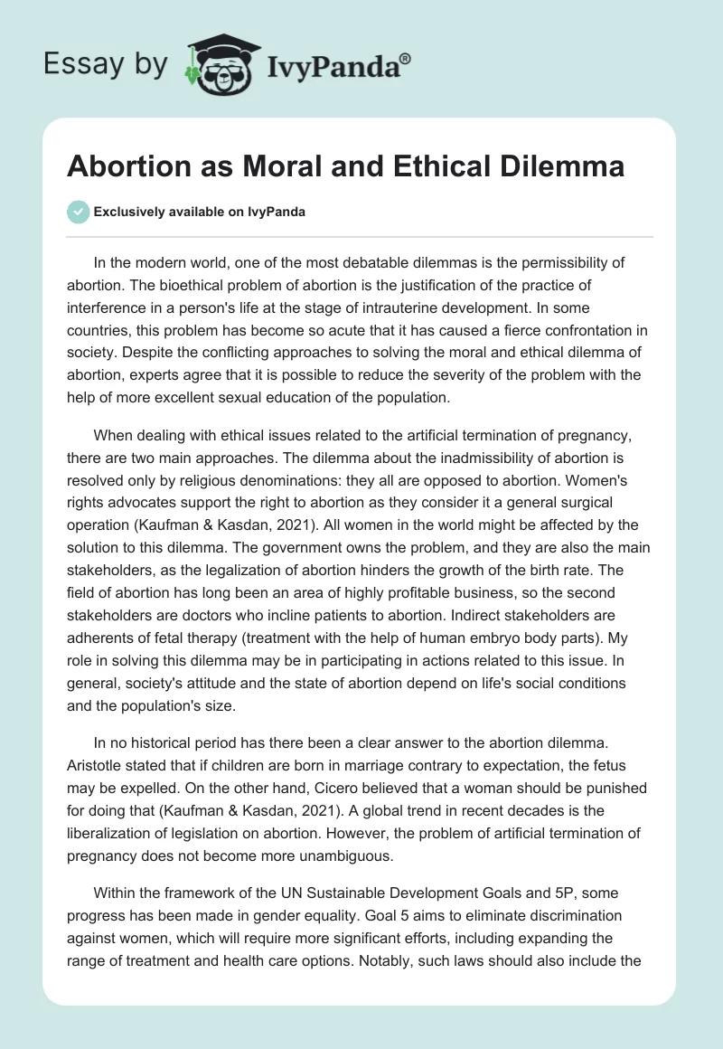 Abortion as Moral and Ethical Dilemma. Page 1