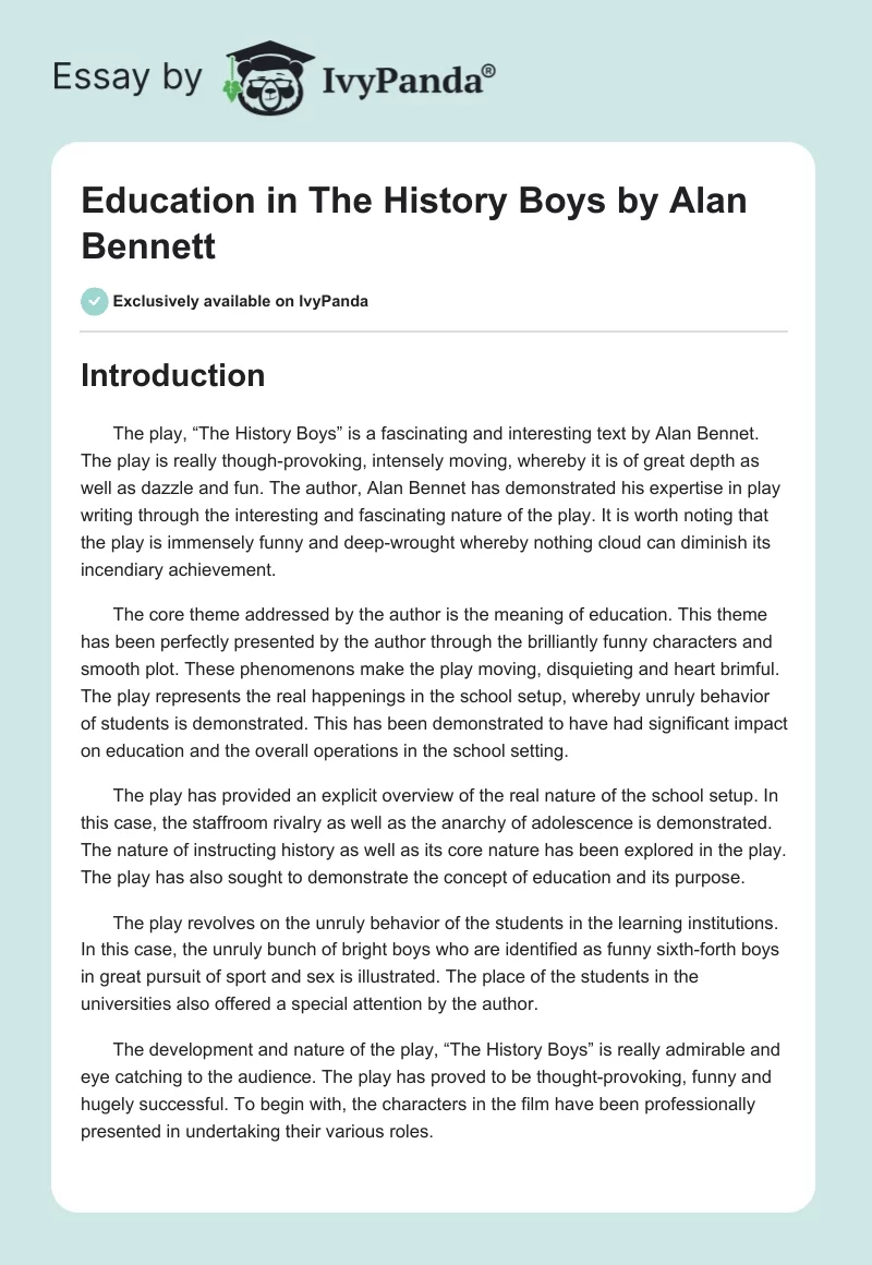 Education in "The History Boys" by Alan Bennett. Page 1