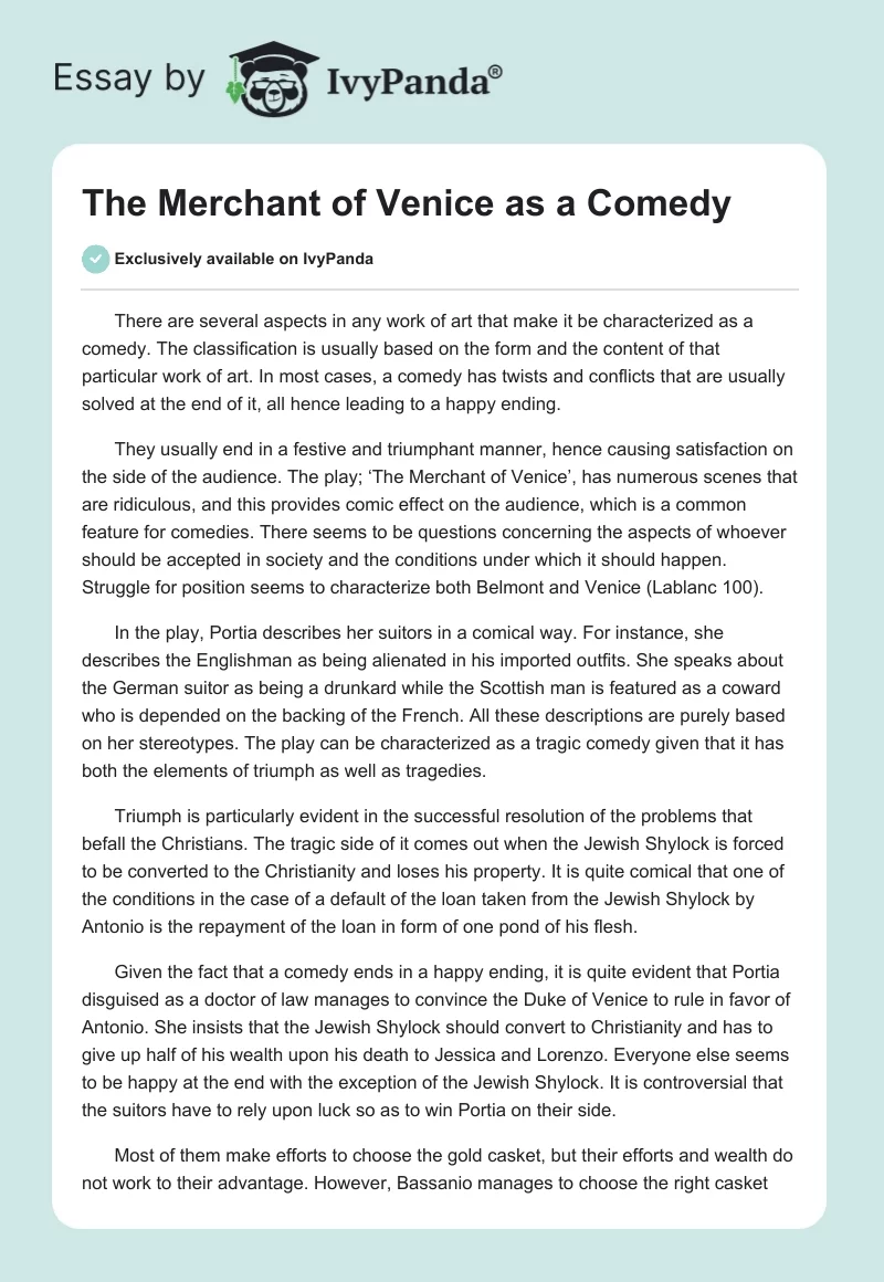 "The Merchant of Venice" as a Comedy. Page 1