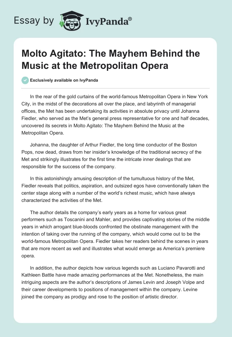 Molto Agitato: The Mayhem Behind the Music at the Metropolitan Opera. Page 1