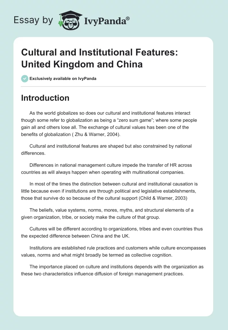 Cultural and Institutional Features: United Kingdom and China. Page 1