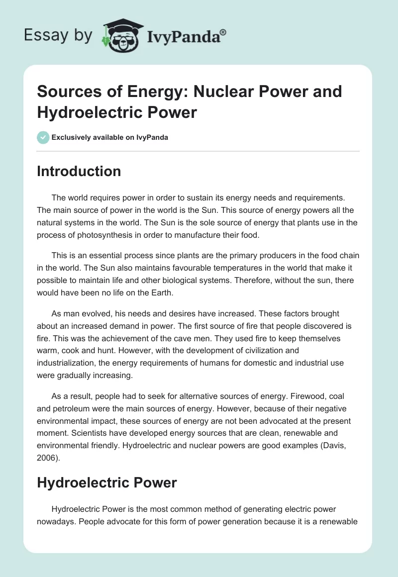 Sources of Energy: Nuclear Power and Hydroelectric Power. Page 1