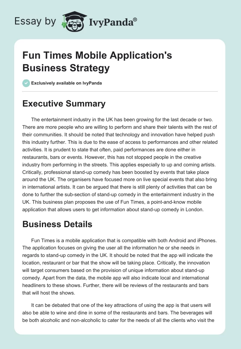 Fun Times Mobile Application's Business Strategy. Page 1