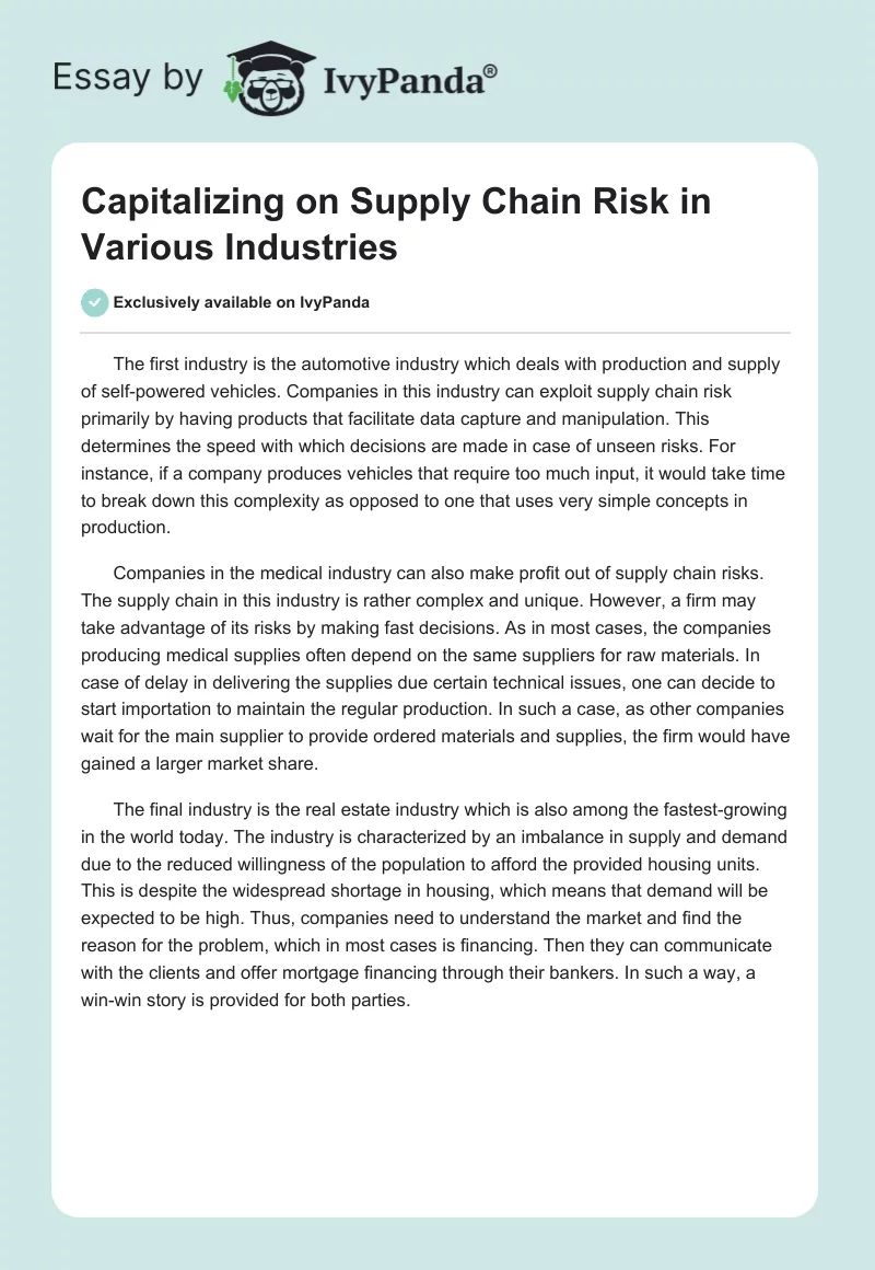 Capitalizing on Supply Chain Risk in Various Industries. Page 1