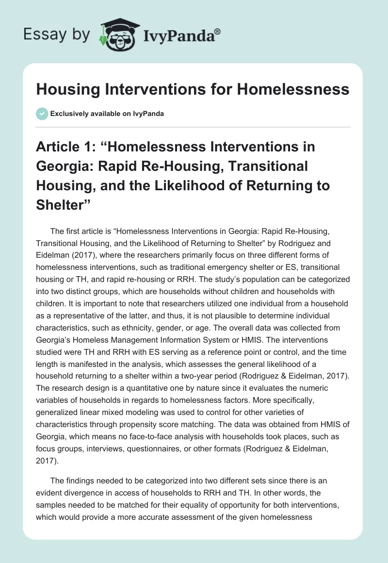 Housing Interventions for Homelessness. Page 1
