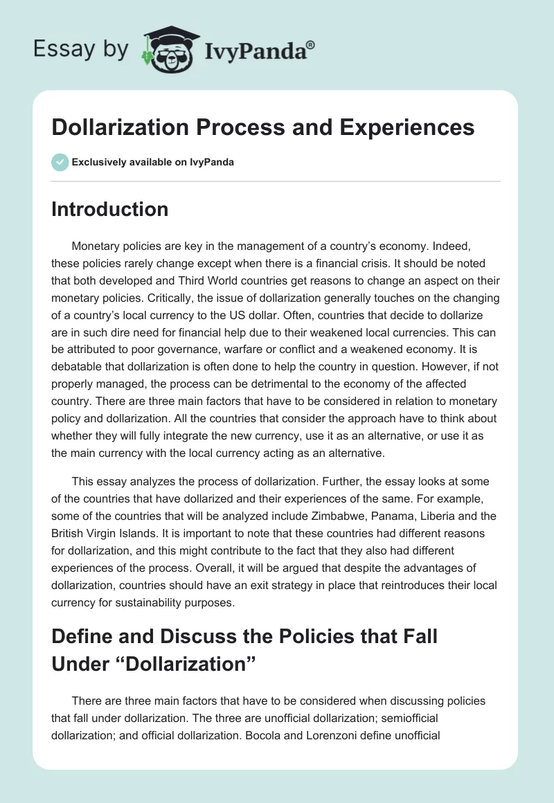 Dollarization Process and Experiences. Page 1