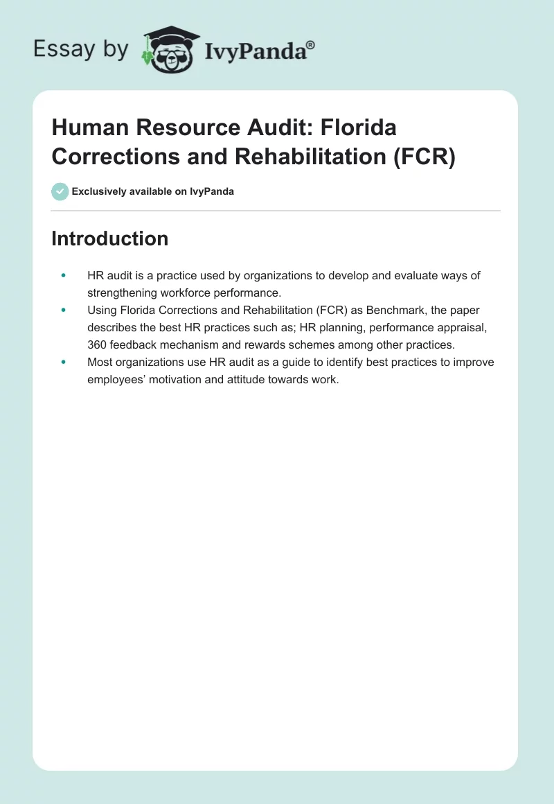 Human Resource Audit: Florida Corrections and Rehabilitation (FCR). Page 1