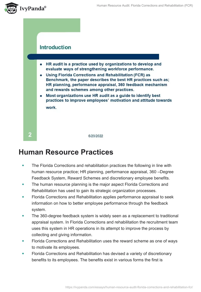 Human Resource Audit: Florida Corrections and Rehabilitation (FCR). Page 2