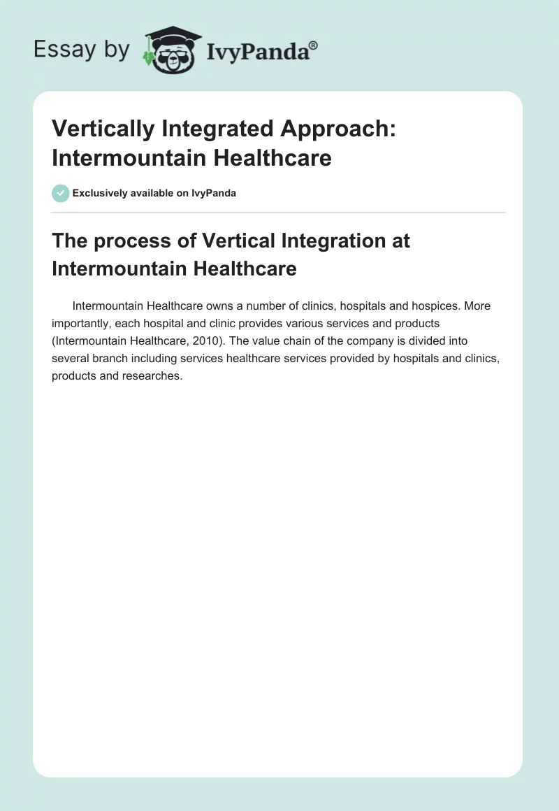 Vertically Integrated Approach: Intermountain Healthcare. Page 1