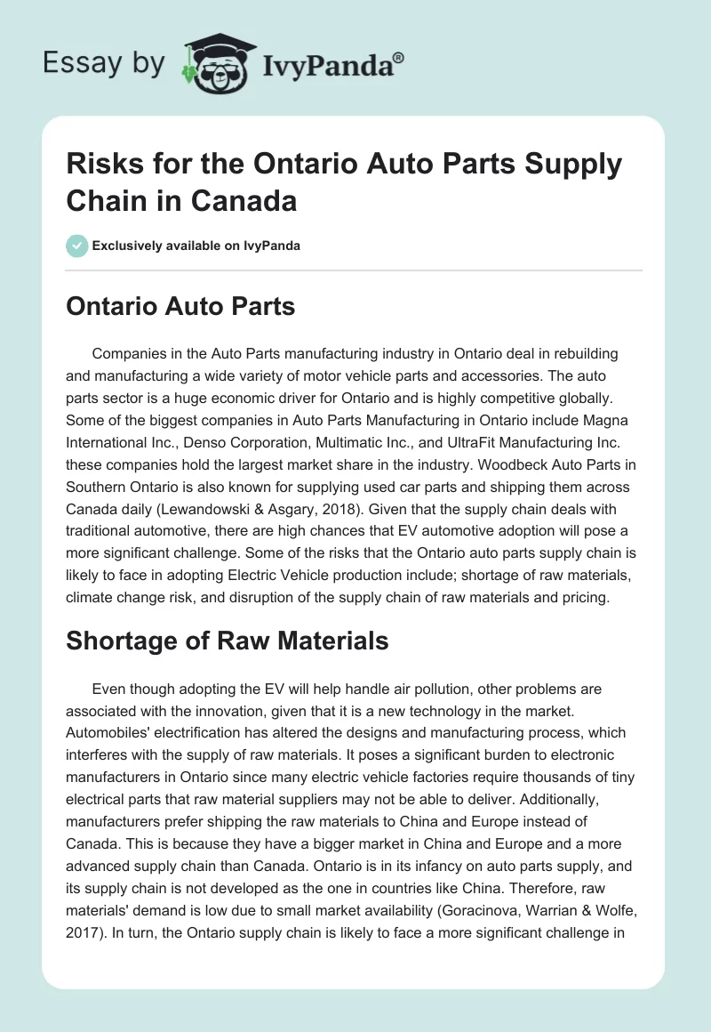 Risks for the Ontario Auto Parts Supply Chain in Canada. Page 1