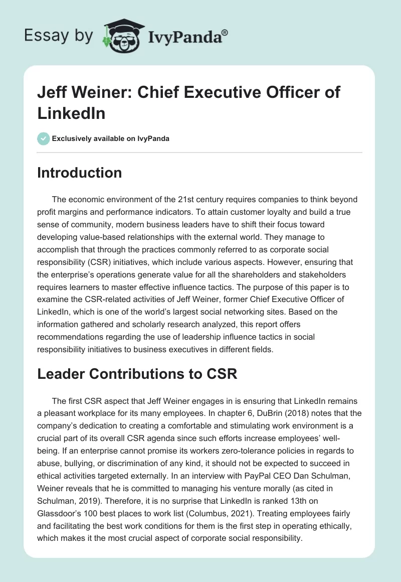 Jeff Weiner: Chief Executive Officer of LinkedIn. Page 1