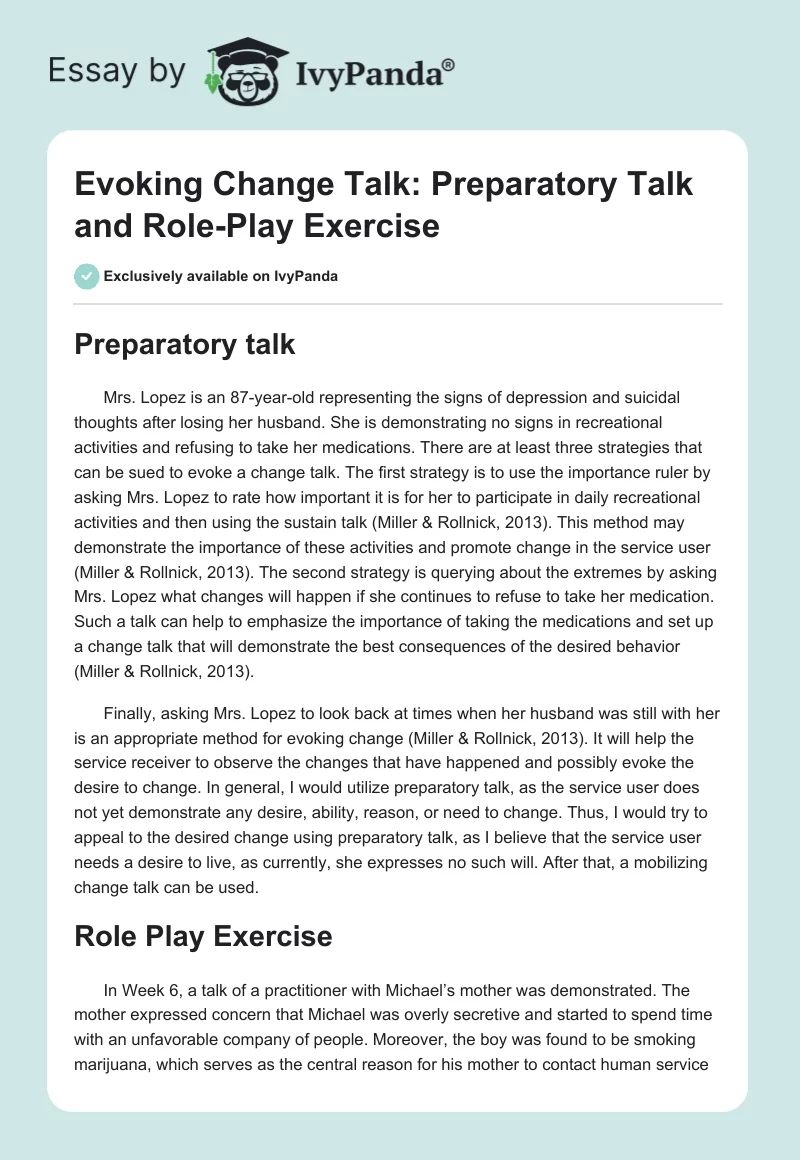 Evoking Change Talk: Preparatory Talk and Role-Play Exercise. Page 1