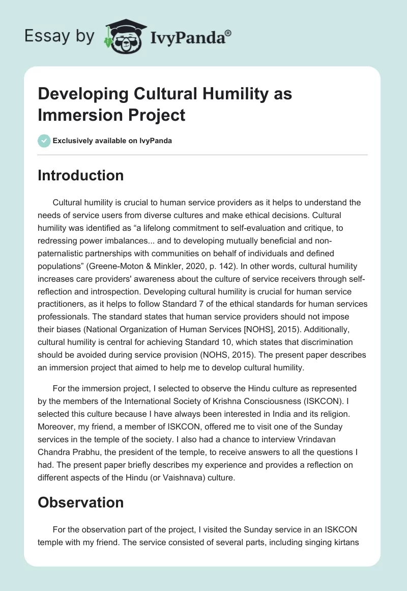 Developing Cultural Humility as Immersion Project. Page 1