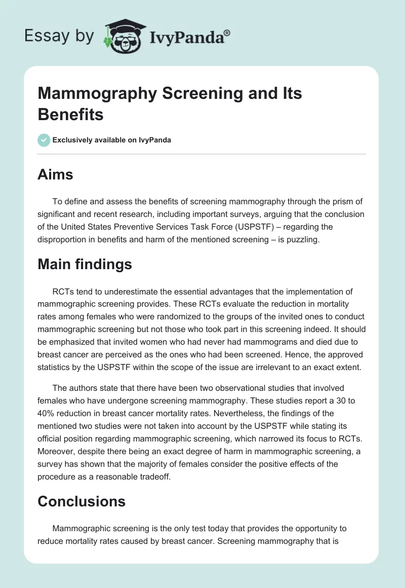 Mammography Screening and Its Benefits. Page 1