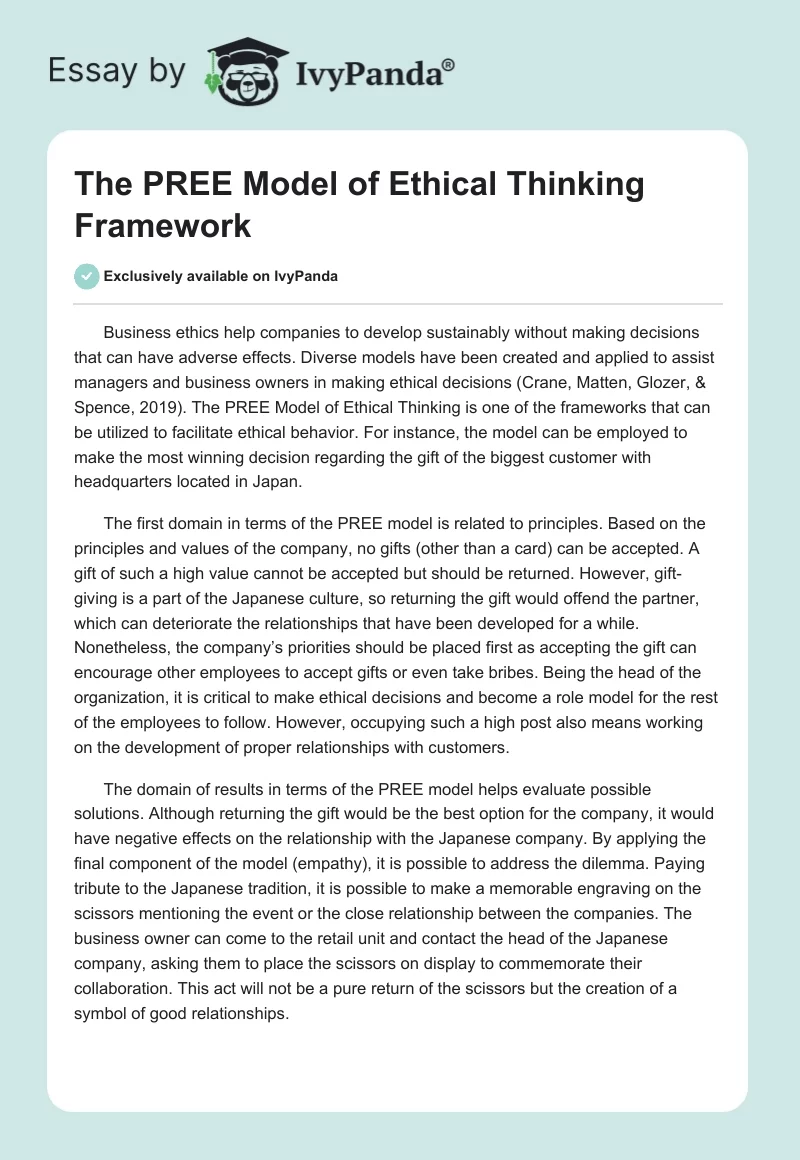 The PREE Model of Ethical Thinking Framework. Page 1