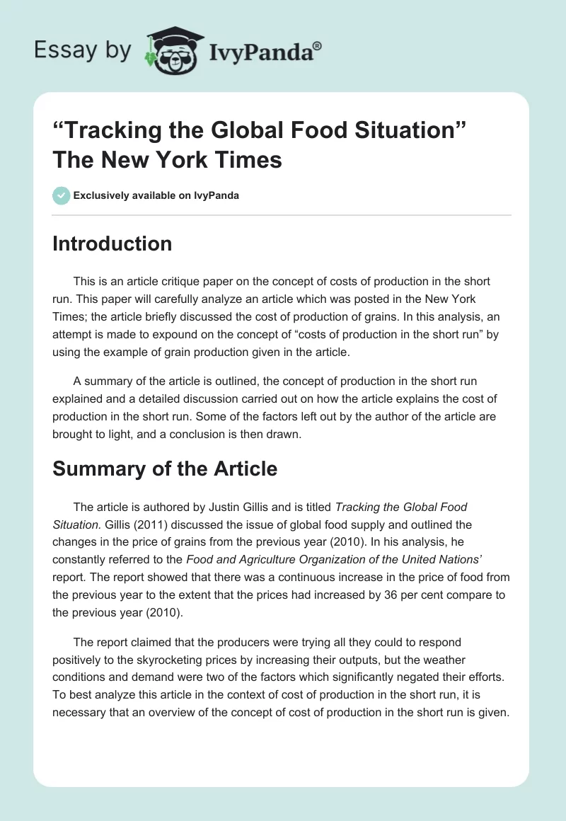 “Tracking the Global Food Situation” The New York Times. Page 1