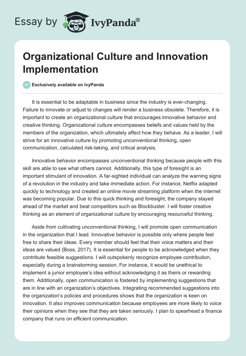 Organizational Culture and Innovation Implementation. Page 1