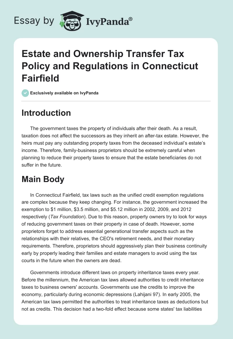 Estate and Ownership Transfer Tax Policy and Regulations in Connecticut Fairfield. Page 1
