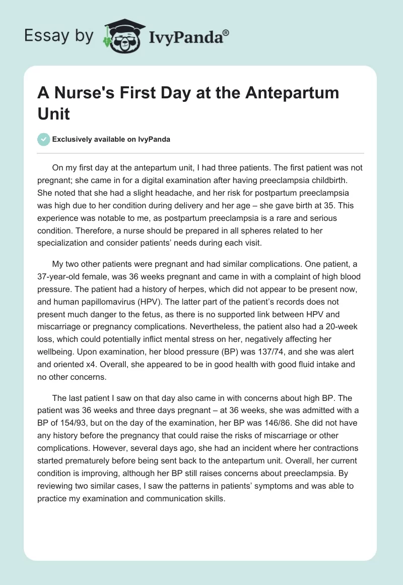 A Nurse's First Day at the Antepartum Unit. Page 1
