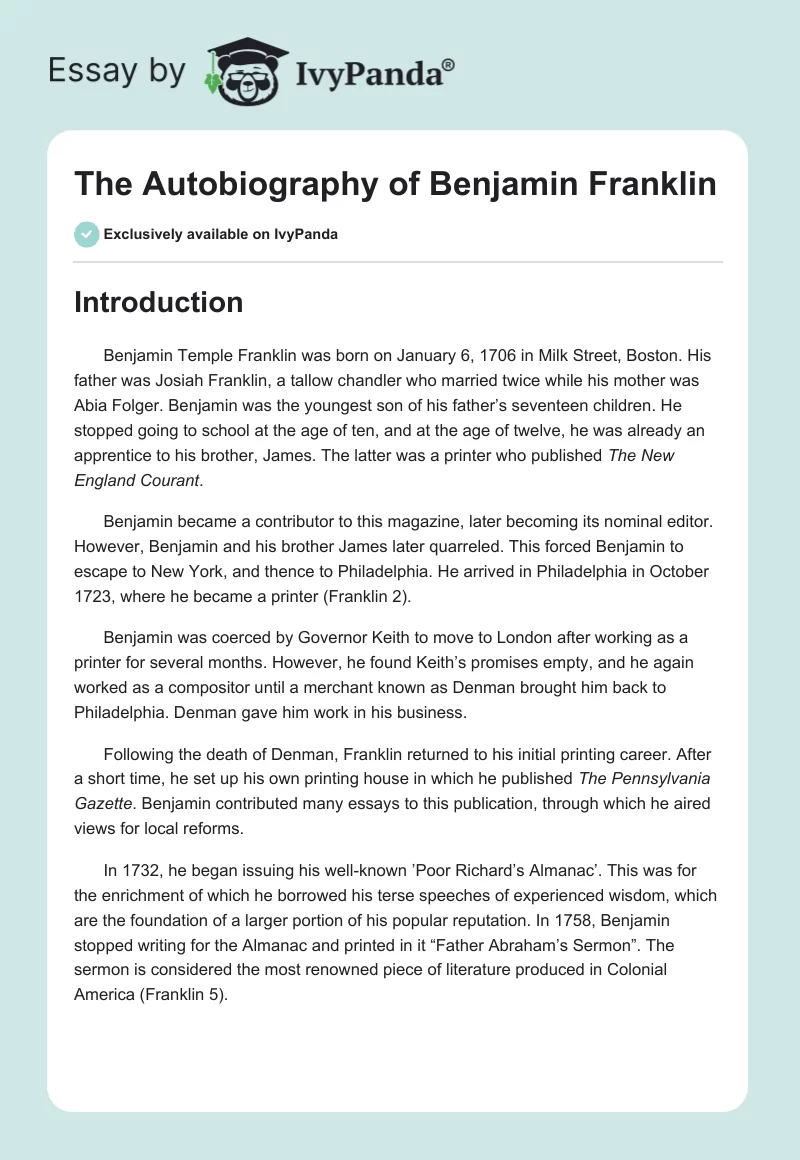 The Autobiography of Benjamin Franklin. Page 1