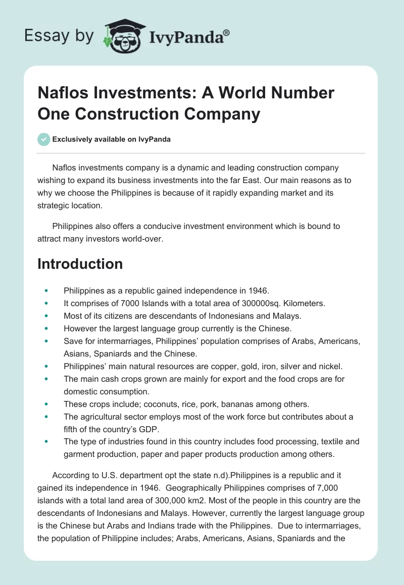 Naflos Investments: A World Number One Construction Company. Page 1