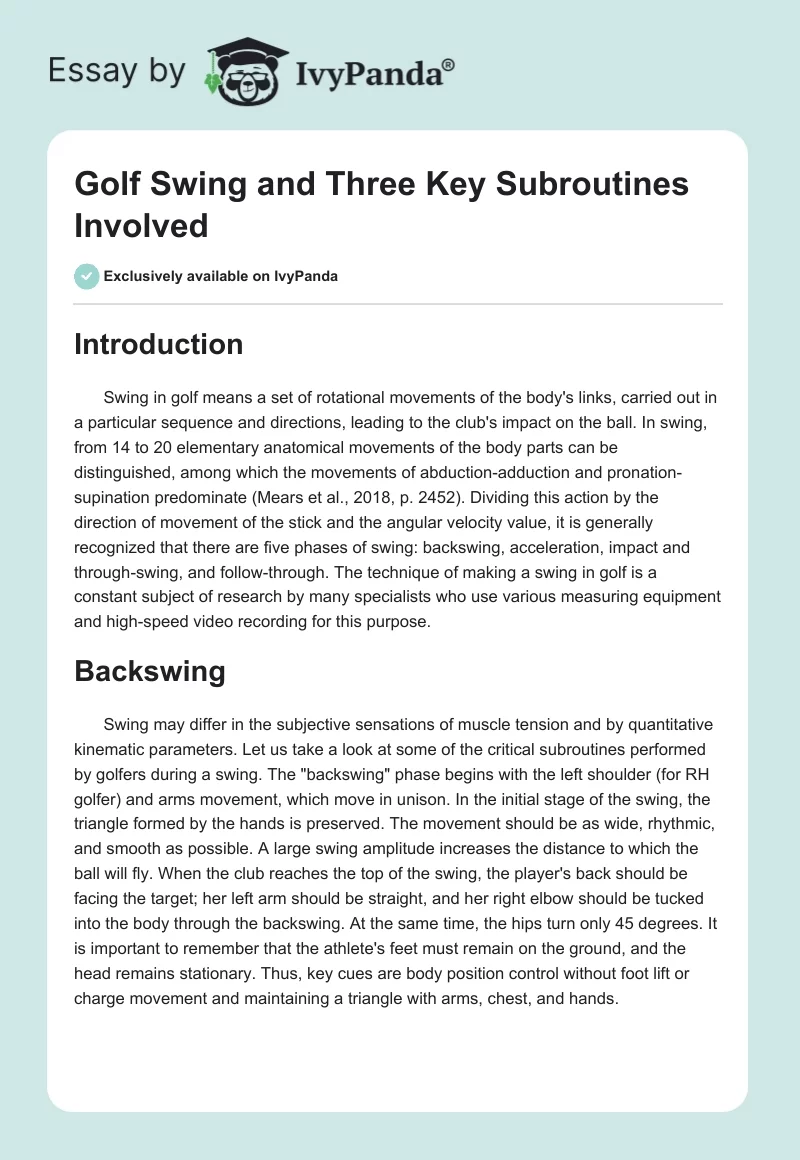 Golf Swing and Three Key Subroutines Involved. Page 1