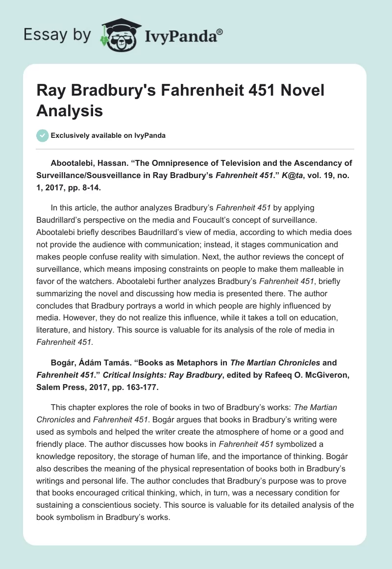 Ray Bradbury's Fahrenheit 451 Novel Analysis. Page 1