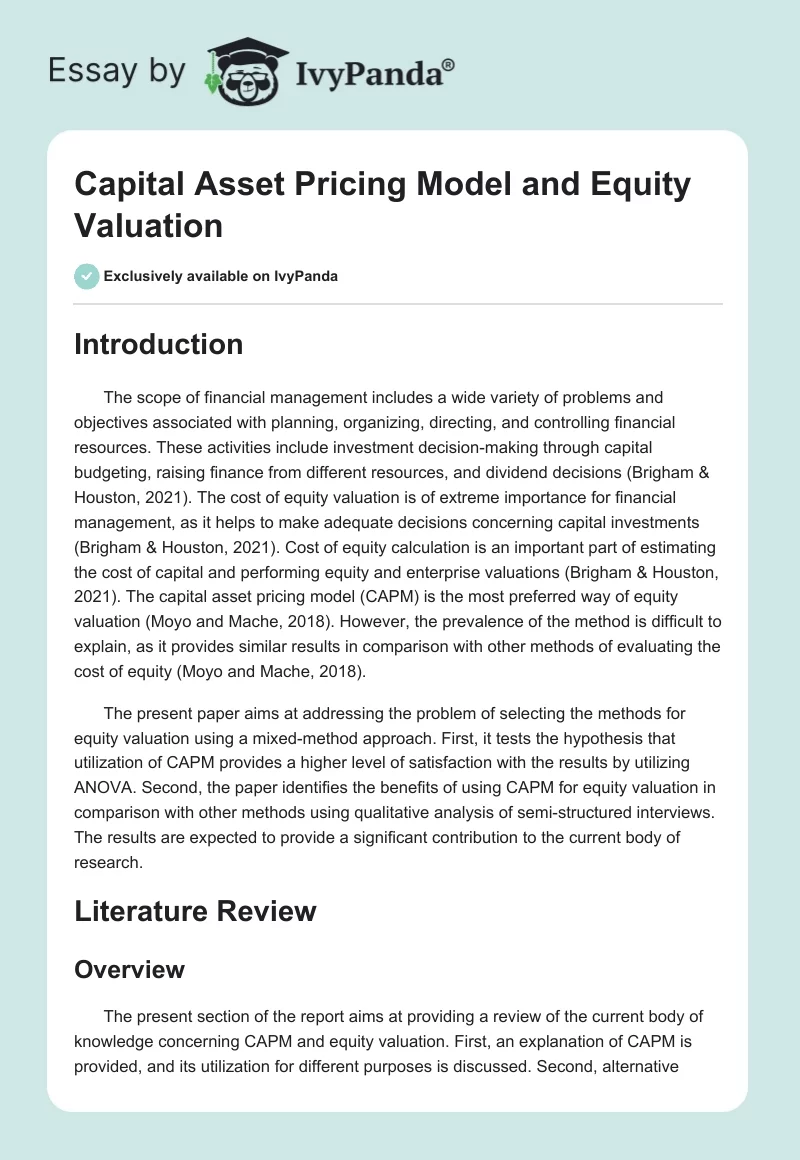 Capital Asset Pricing Model and Equity Valuation. Page 1