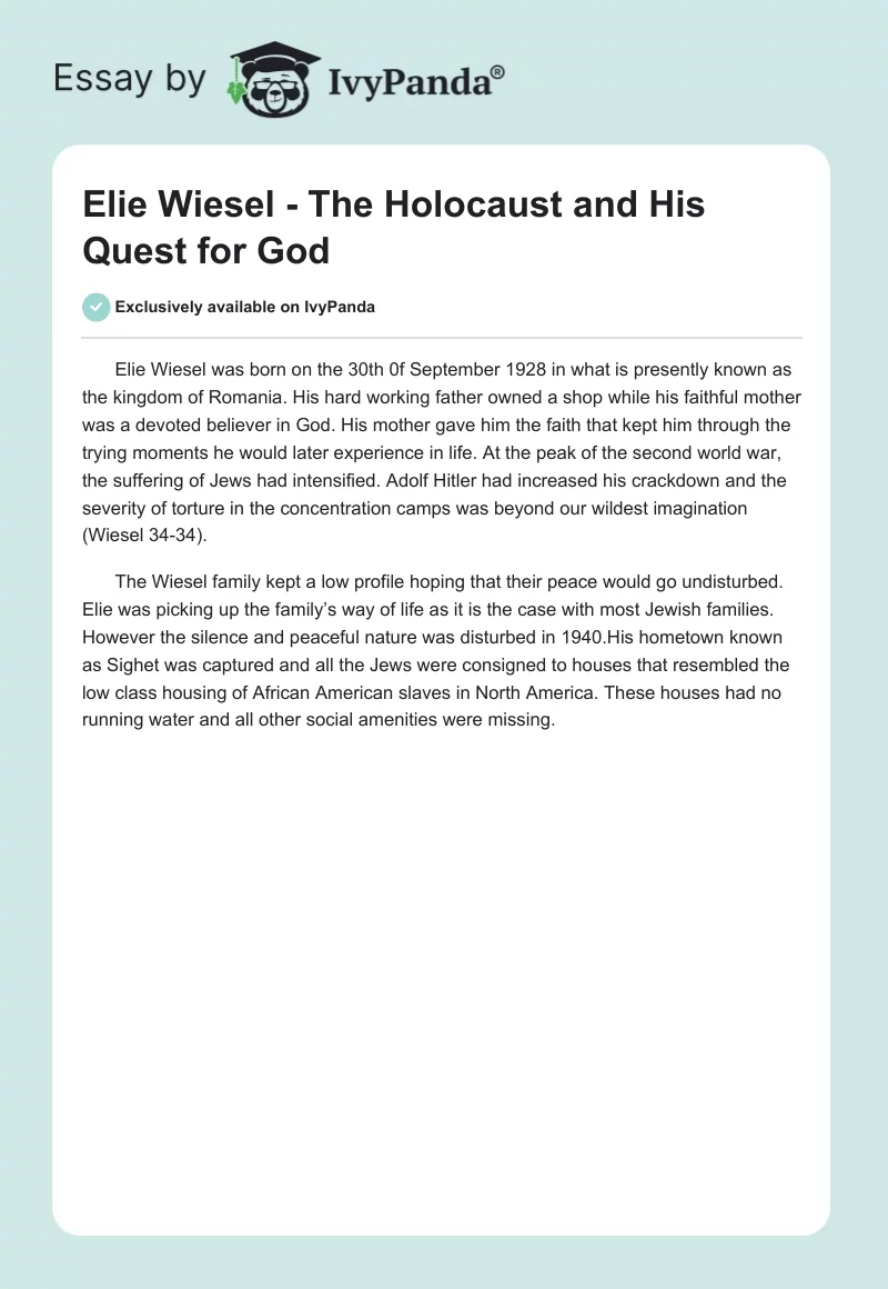 Elie Wiesel - The Holocaust and His Quest for God. Page 1
