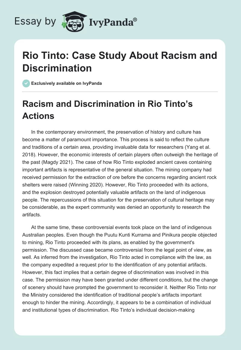 Rio Tinto: Case Study About Racism and Discrimination. Page 1
