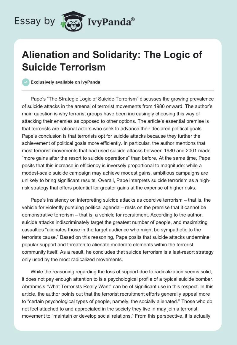 Alienation and Solidarity: The Logic of Suicide Terrorism. Page 1