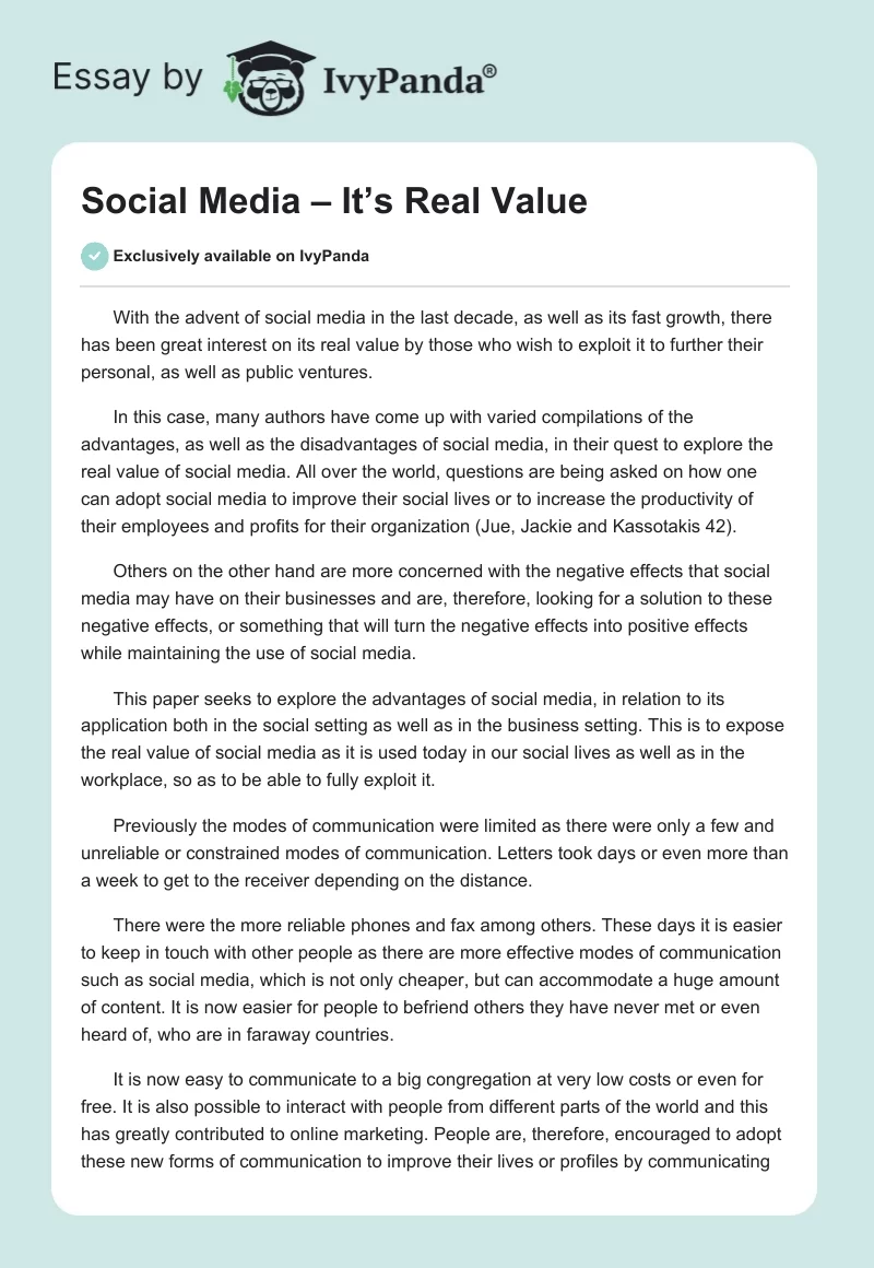 Social Media – It’s Real Value. Page 1