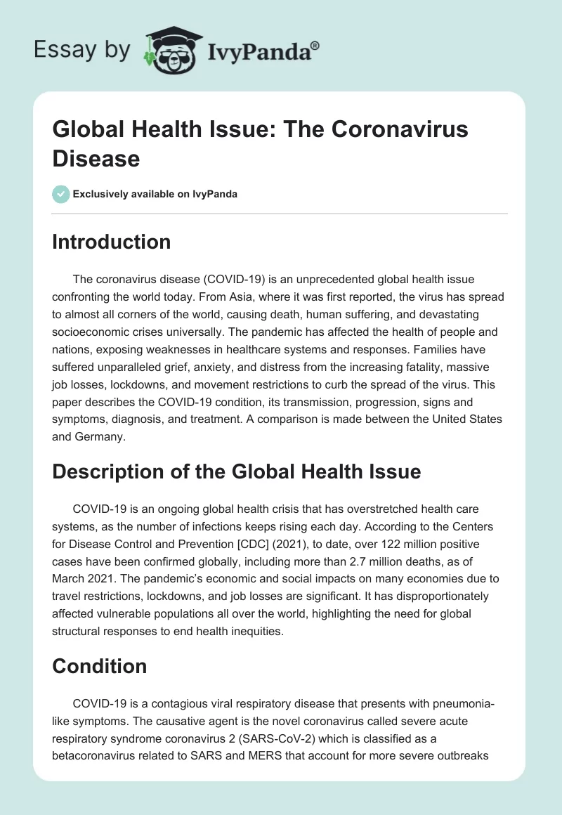 Global Health Issue: The Coronavirus Disease. Page 1
