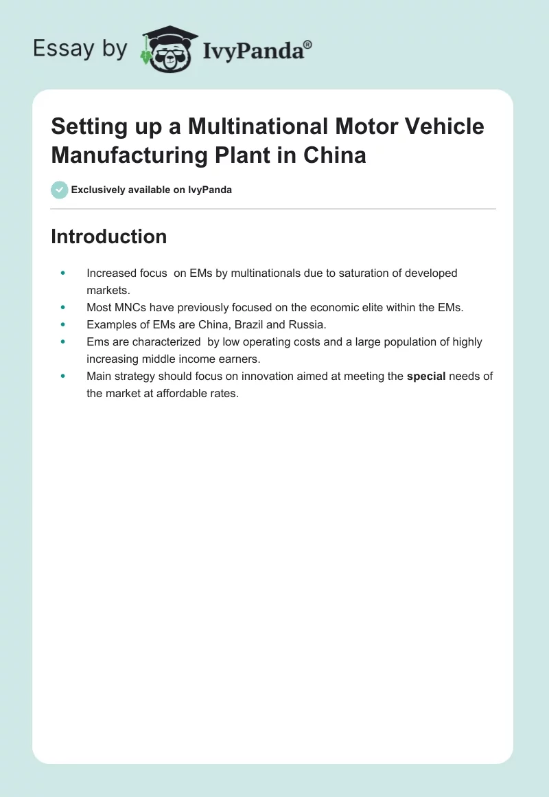 Setting up a Multinational Motor Vehicle Manufacturing Plant in China. Page 1