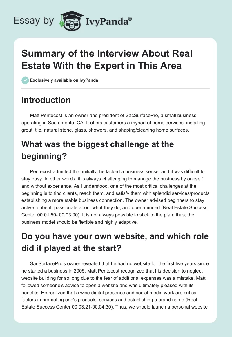 Summary of the Interview About Real Estate With the Expert in This Area. Page 1