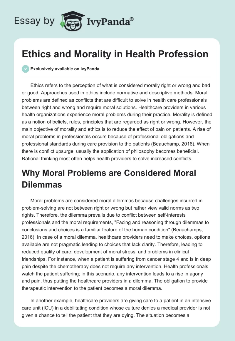 Ethics and Morality in Health Profession. Page 1