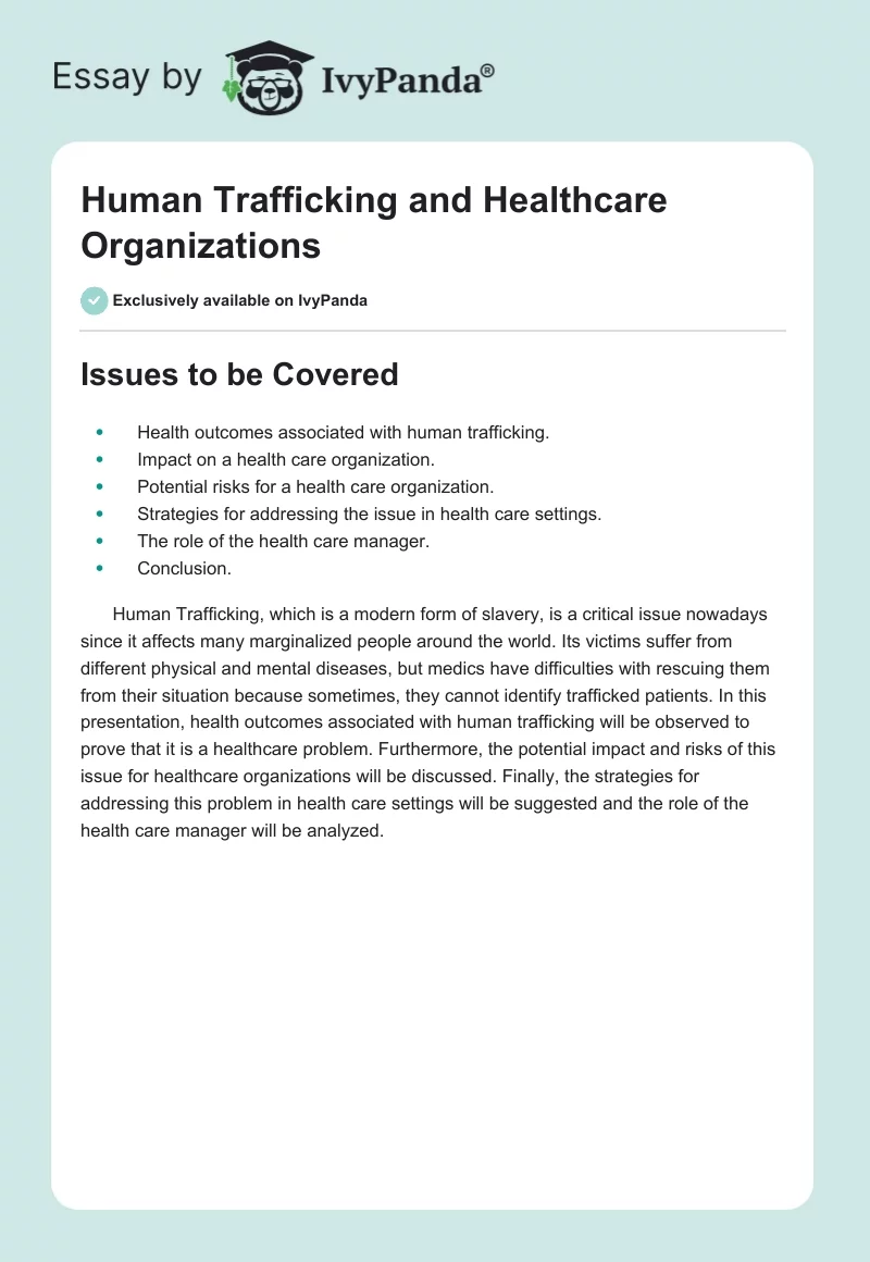 Human Trafficking and Healthcare Organizations. Page 1