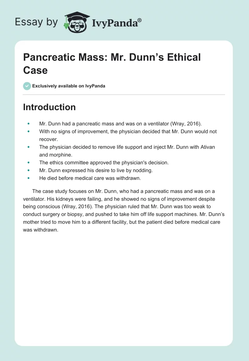Pancreatic Mass: Mr. Dunn’s Ethical Case. Page 1