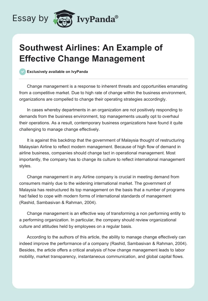 Southwest Airlines: An Example of Effective Change Management. Page 1