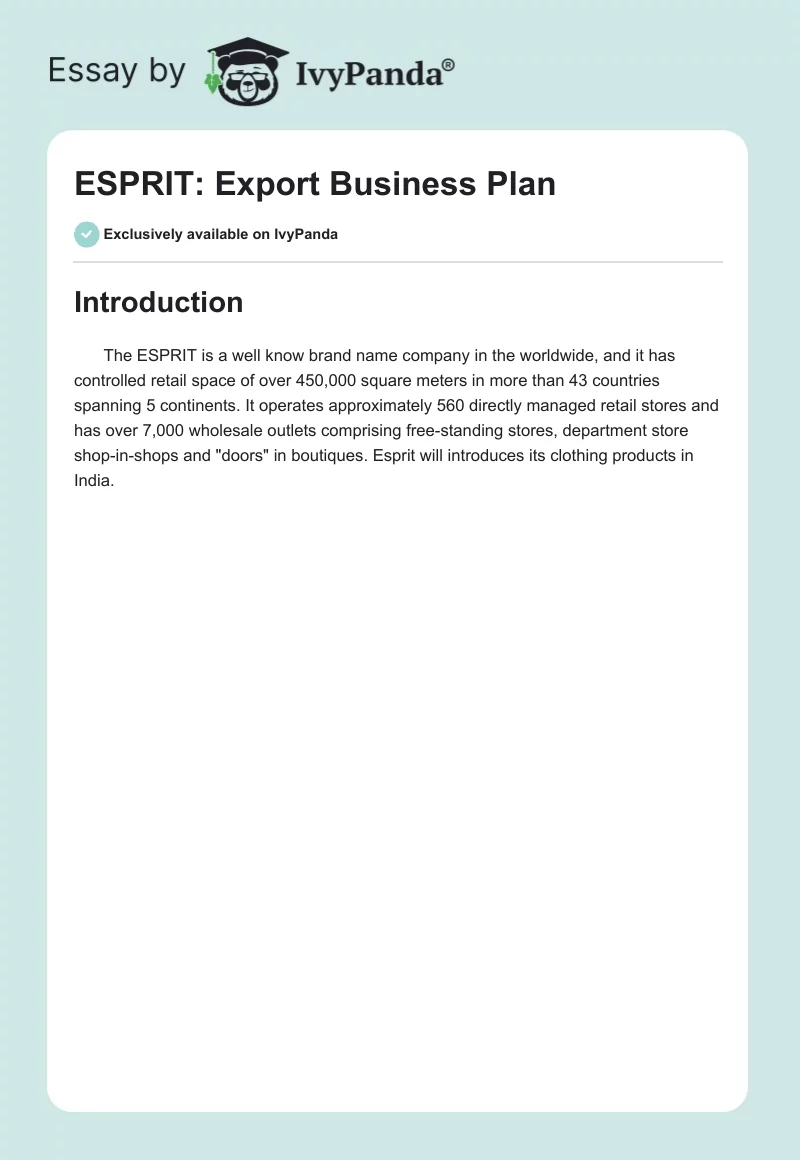 ESPRIT: Export Business Plan. Page 1