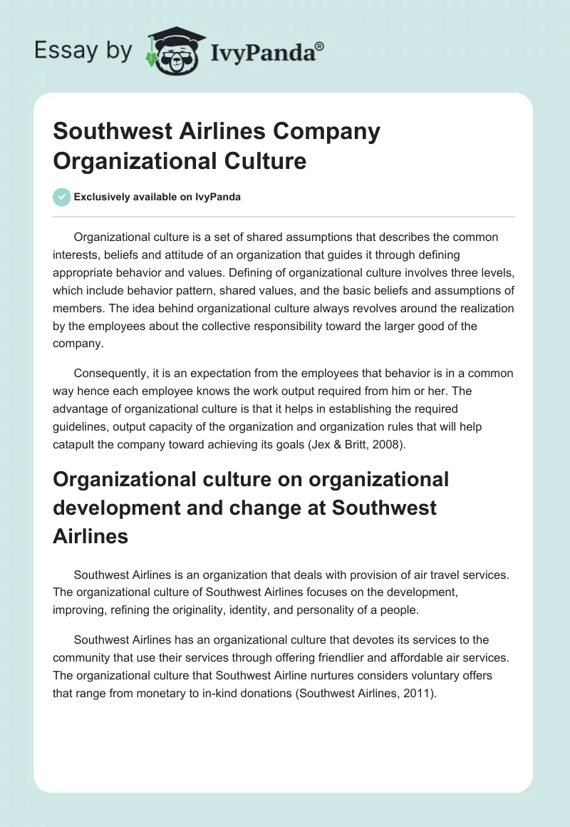 Southwest Airlines Company Organizational Culture. Page 1