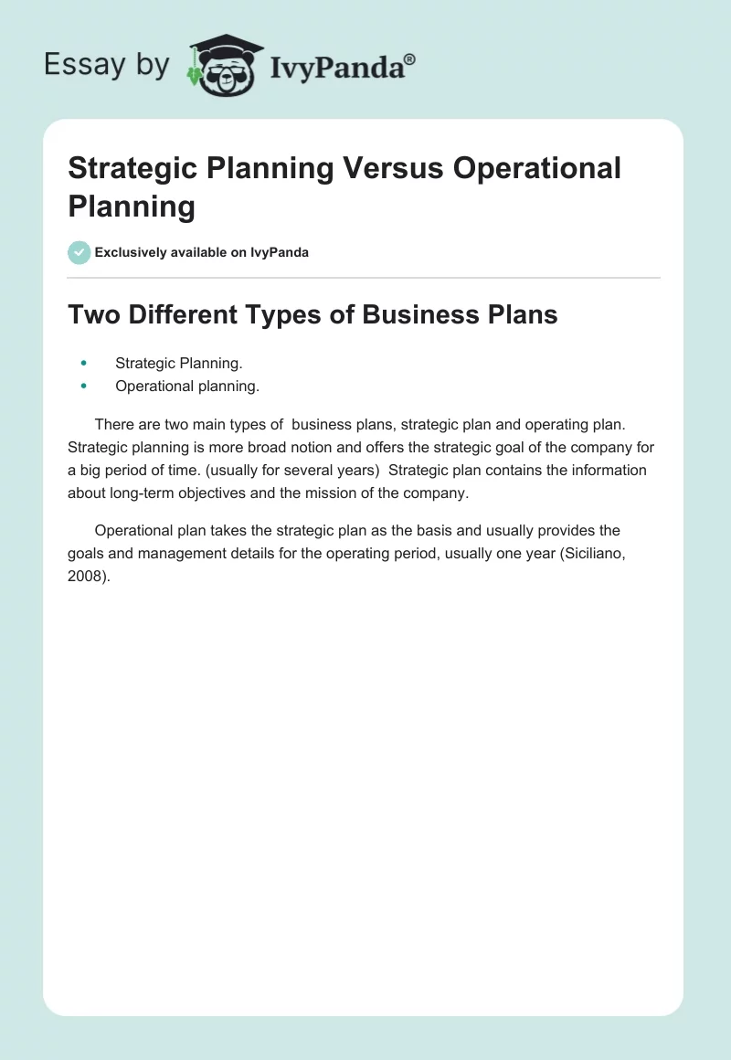 Strategic Planning Versus Operational Planning. Page 1