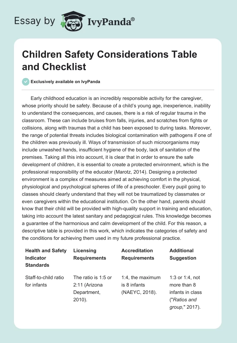 Children Safety Considerations Table and Checklist. Page 1