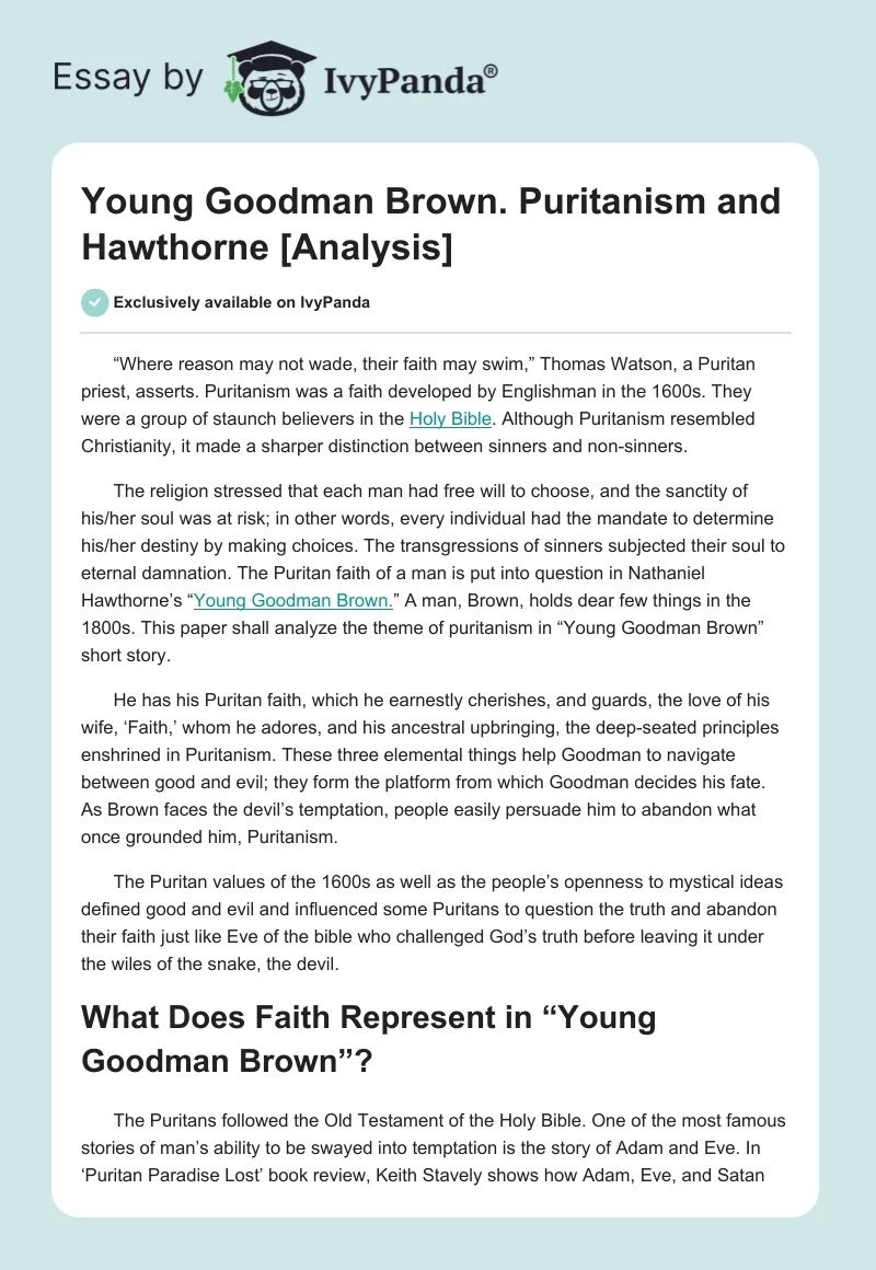 Young Goodman Brown. Puritanism and Hawthorne [Analysis]. Page 1