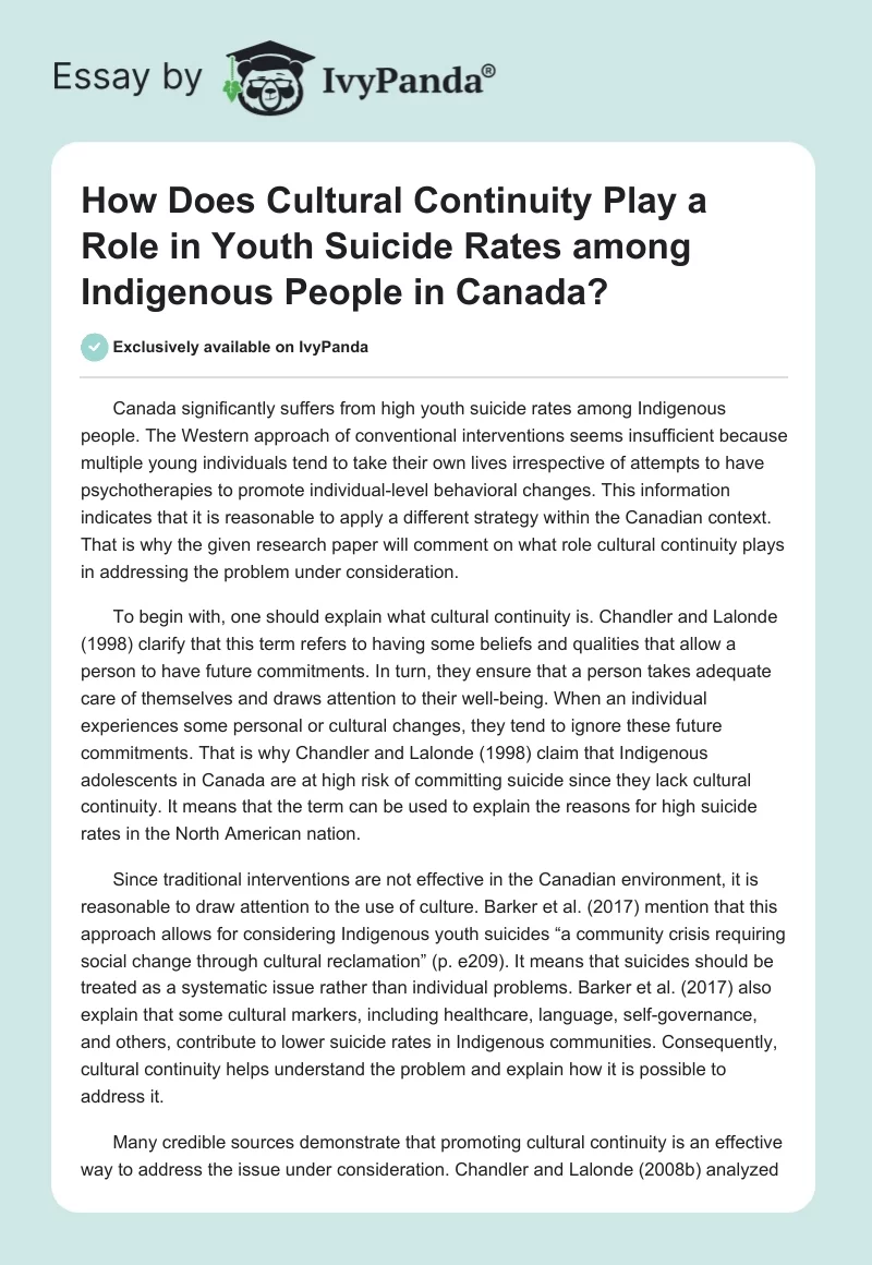 How Does Cultural Continuity Play a Role in Youth Suicide Rates Among Indigenous People in Canada?. Page 1