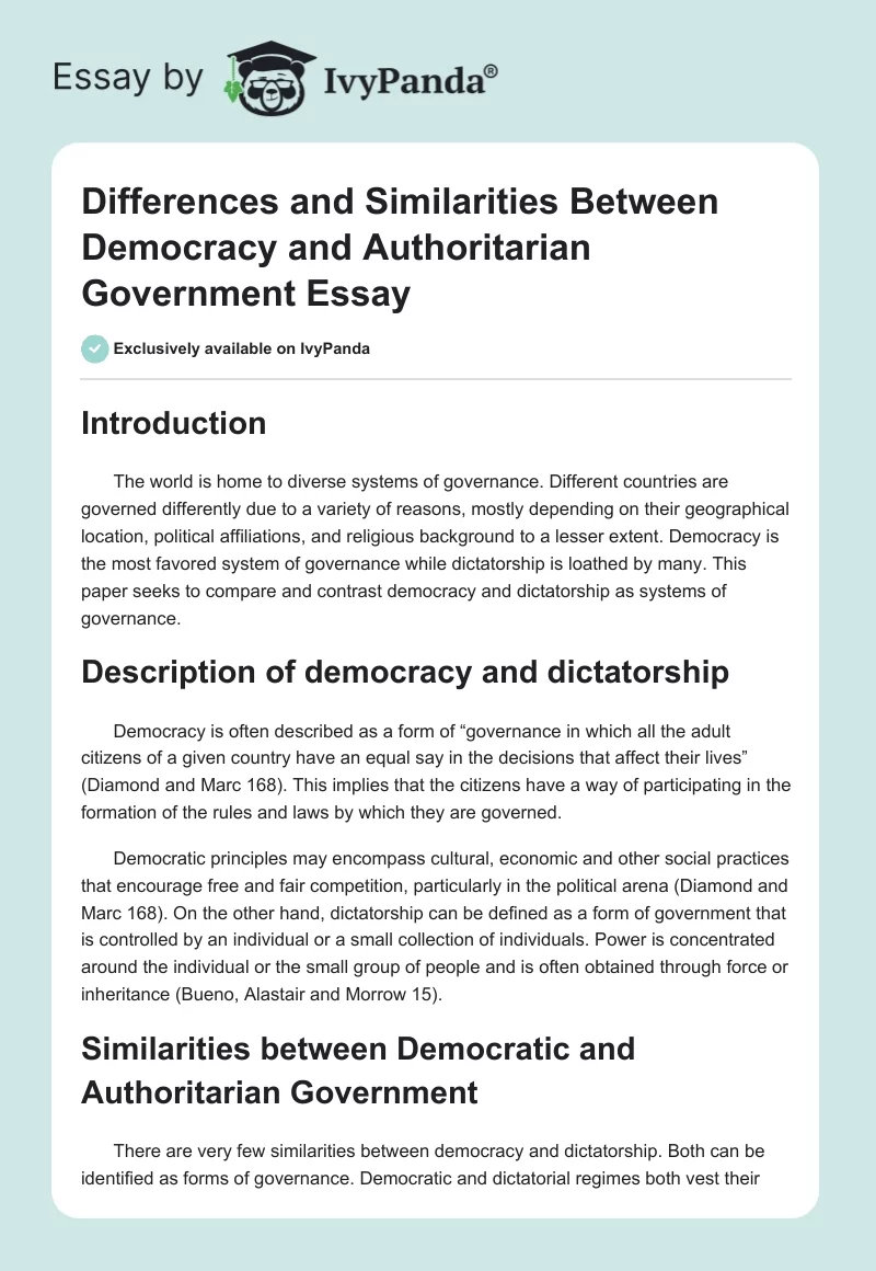 Differences and Similarities Between Democracy and Authoritarian Government Essay. Page 1