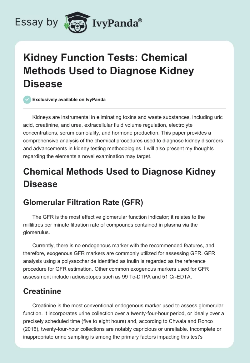 Kidney Function Tests: Chemical Methods Used to Diagnose Kidney Disease. Page 1